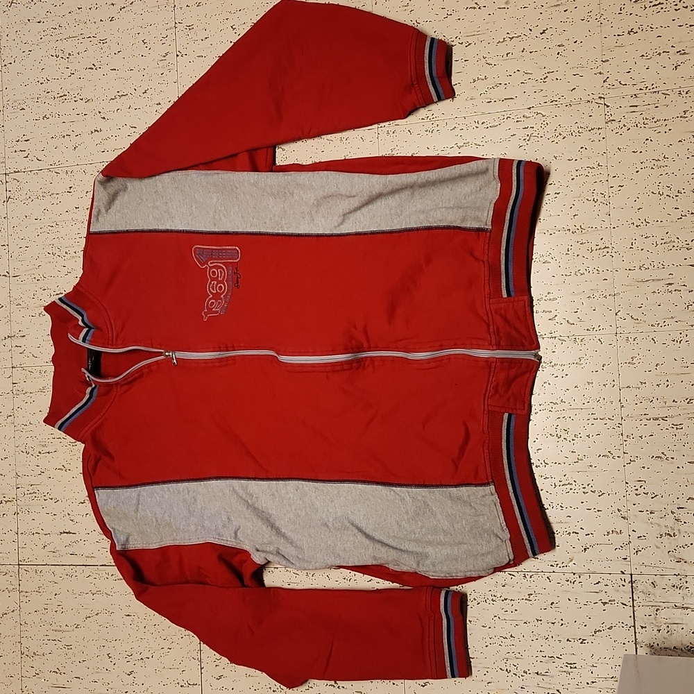 Sean John Red & Gray Spellout Logo Full Zip Oversized Sweater Vintage Y2K